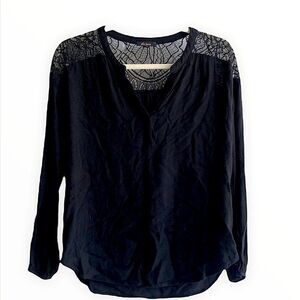 Ella Moss Amara Sheer Lace Placket Black Crepe Fringe Back Long Sleeve Blouse XS